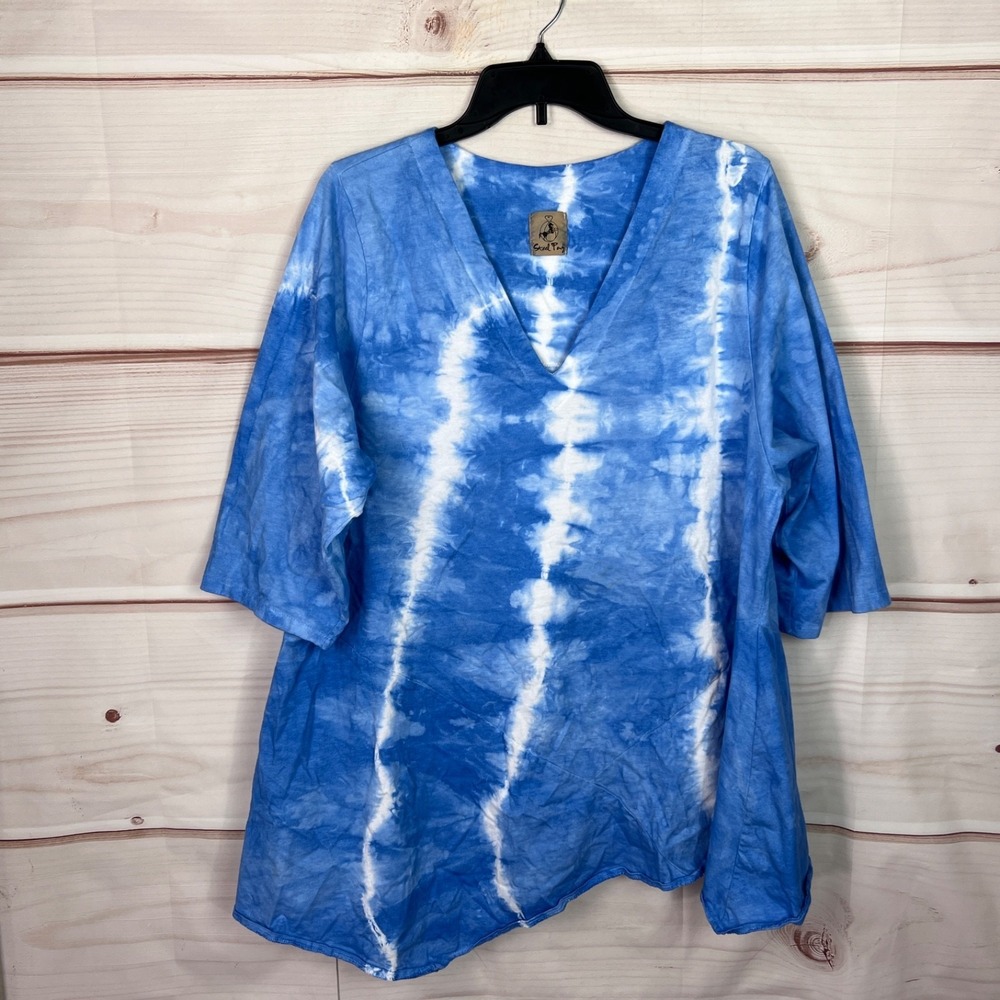 Steel Pony Top Womens XXL Blue Tue Dye Tunic T-Shirt‎ V-Neck 3/4 Sleeve Cotton